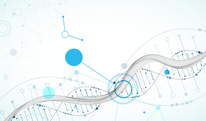 Abstract image of DNA molecule on wireframe wave. Scientific vector background.