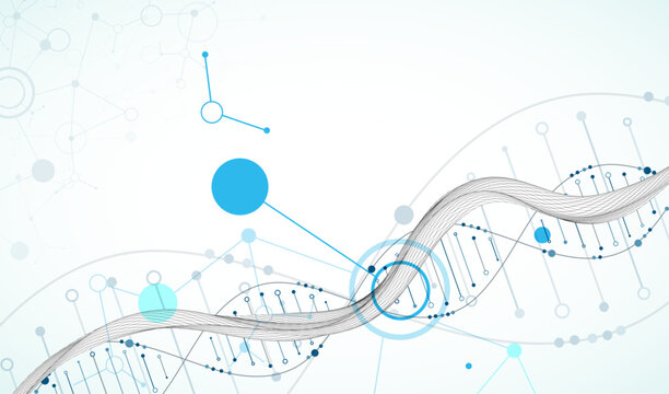 Abstract image of DNA molecule on wireframe wave. Scientific vector background.