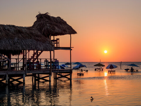 Blue Bayou Restaurant at sunset, Secret Beach, Ambergris Caye, Belize District, Belize