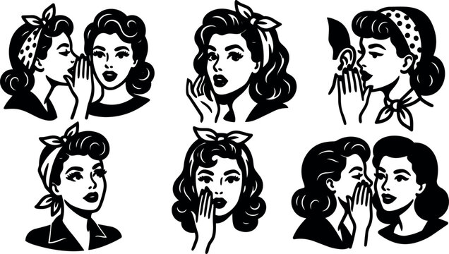 Retro 1950s pinup vector set of six whispering women close ups with bandanas surprised expressions black and white vintage style