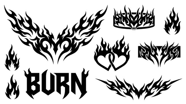 Tribal flame tattoo element set featuring hearts wings and burn text vector