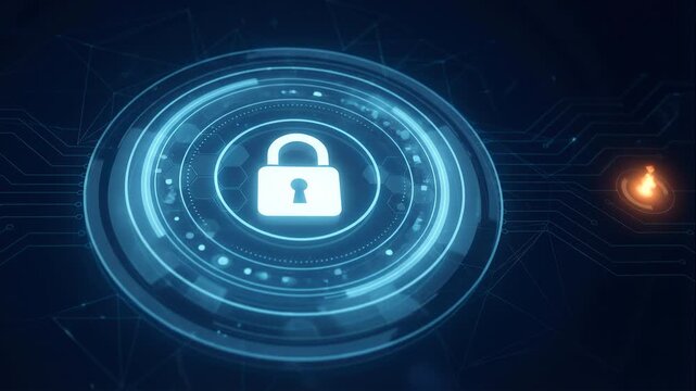 Cybersecurity data protection digital lock concept with glowing circular interface and secure network layers that pulse with light, creating a futuristic technology background.