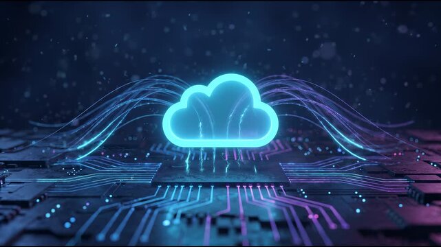 Cloud computing data storage cloud icon glowing above a microchip with flowing light trails that visualize secure data transfer and scalable digital infrastructure.