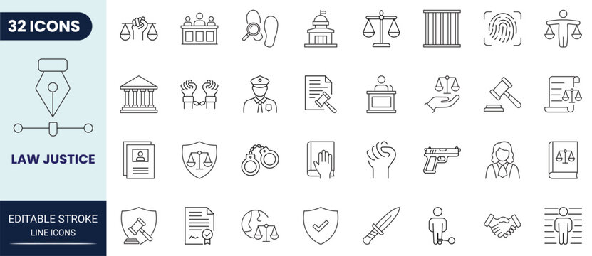 Law and justice icon set in outline style. Collection of law, justice, legal, court, judge, and balance scale. Editable stroke. Vector icon collection.