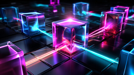 Visualisation de donn&eacute;es 3D : cubes de verre translucides et tra&icirc;n&eacute;es lumineuses. Palette n&eacute;on fuchsia et cyan, vue isom&eacute;trique. Esth&eacute;tique futuriste et high-tech