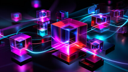 Visualisation de donn&eacute;es 3D : cubes de verre translucides et tra&icirc;n&eacute;es lumineuses. Palette n&eacute;on fuchsia et cyan, vue isom&eacute;trique. Esth&eacute;tique futuriste et high-tech