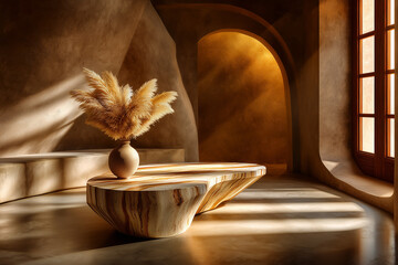 Salon minimaliste ensoleill&eacute;. Canap&eacute; et table sculpturale en travertin devant un mur en pl&acirc;tre beige. Ombres port&eacute;es, vase en c&eacute;ramique et herbe de pampa. Design contemporain