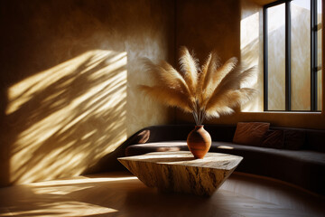 Salon minimaliste ensoleill&eacute;. Canap&eacute; et table sculpturale en travertin devant un mur en pl&acirc;tre beige. Ombres port&eacute;es, vase en c&eacute;ramique et herbe de pampa. Design contemporain