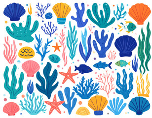 Fototapeta premium Coral Reef and Seashell Vector Collection