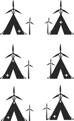 Black silhouette vector illustration of teepees with wind turbines, cultural symbols, renewable energy concept, six icon grid, traditional design, environmental theme © MstShanaz