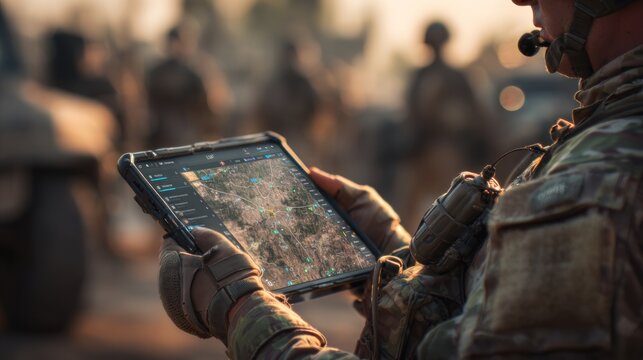 Soldier using tablet with digital map