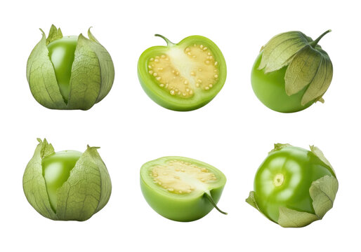 Fresh green tomatillos with papery husks, shown whole and halved on a transparent background