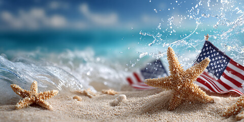 Banner with sea stars and sand on the seashore and flags