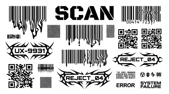Cyberpunk glitch barcode and QR code collection isolated on white background vector illustration