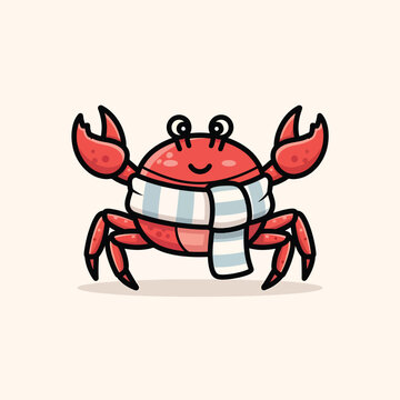 A cartoon crab with a red shell, big claws, and a striped scarf, looking happy on a light-colored background