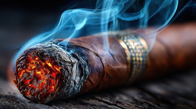 Close-up of a lit, premium cigar emitting smoke on a rustic wooden surface, showcasing rich detail and a warm, luxurious ambiance.