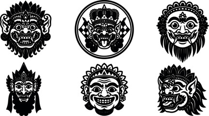 Fototapeta premium Tattoo flash balinese mask set six ornamental faces in bold black vector flat design close up frontal expressions decorative linework