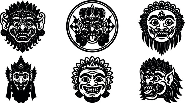 Tattoo flash balinese mask set six ornamental faces in bold black vector flat design close up frontal expressions decorative linework
