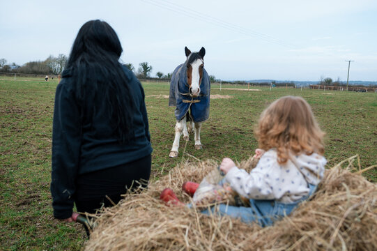 Mother and daughter looking at their horse in a field