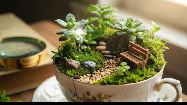 Enchanting Miniature Garden Terrarium in a Vintage Teacup.
