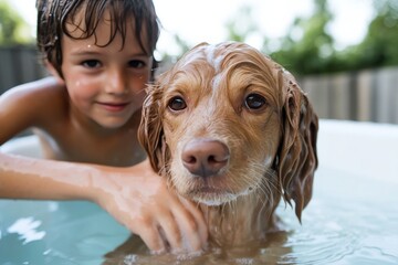 selective focus happy child pet care