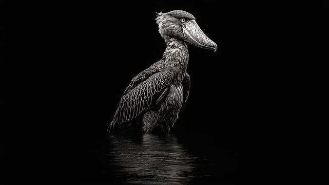 A solitary gray bird, standing in water, with a large beak, against a deep black background