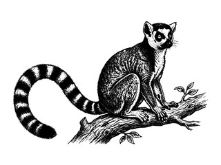 Lemur Sitting Tail Curved Engraving © Gabut Stock