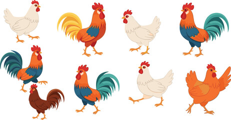 Rooster and chicken farm birds collection domestic poultry vector illustration set © EdGe Creative