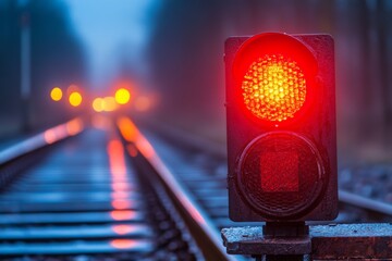 selective focus red light warning at rail junction