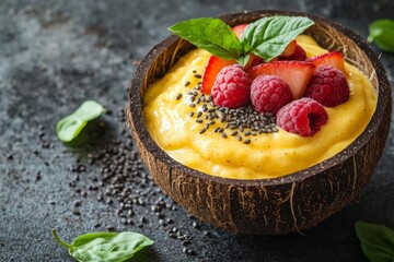 selective focus smoothie bowl topped with fruit and seeds in coconut shell