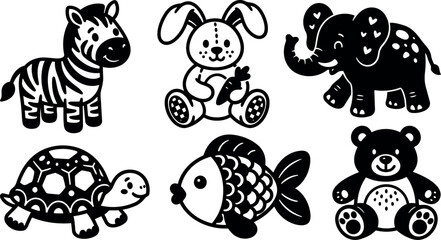 Fototapeta premium Line art playful baby animal icon set zebra rabbit elephant turtle fish and bear in grid view cute smiling silhouette