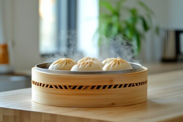 selective focus steaming chinese bao buns in bamboo steamer