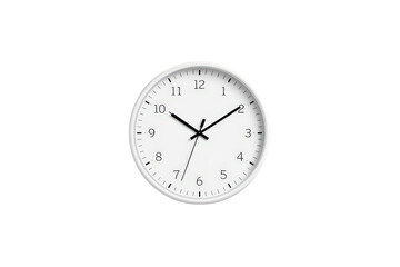 White minimalist wall clock with black hands and numbers, measuring passing time and deadlines on a transparent background