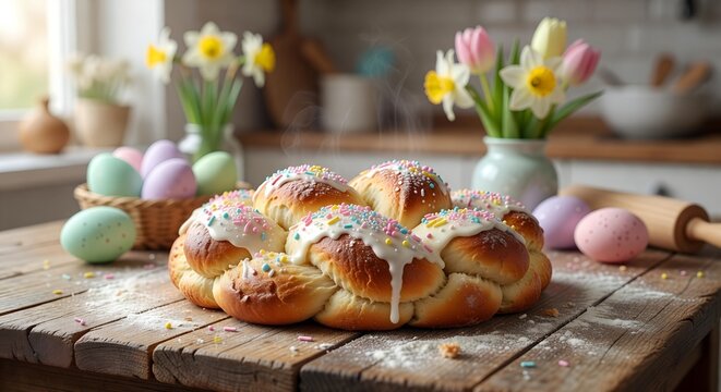 Traditional Easter Sweet Bread with Colored Eggs