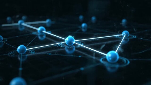 Network Nodes Connecting in Bright Blue Web Focused On Surface