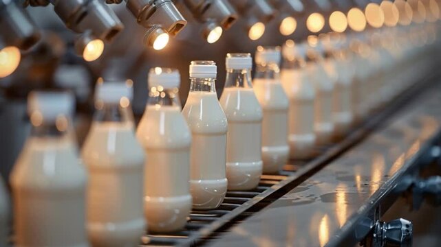 Rows of milk-filled glass bottles are tightly arranged on a factory conveyor belt, moving in synchrony as machinery whirs during the manufacturing process, under bright industrial lighting