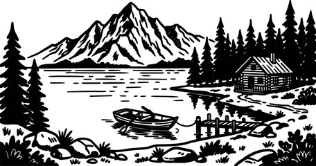 Fototapeta premium Woodcut style lakeside cabin with rowboat tied to dock and pine forest beside mountain lake reflection hand drawn texture serene