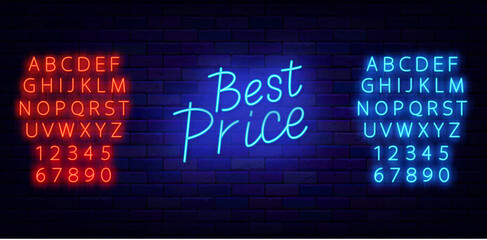 Best price neon label. Sale event. Shopping invitation. Retail store. Bright greeting card. Shiny blue and red alphabet. Vector illustration © Anastasia Gapeeva