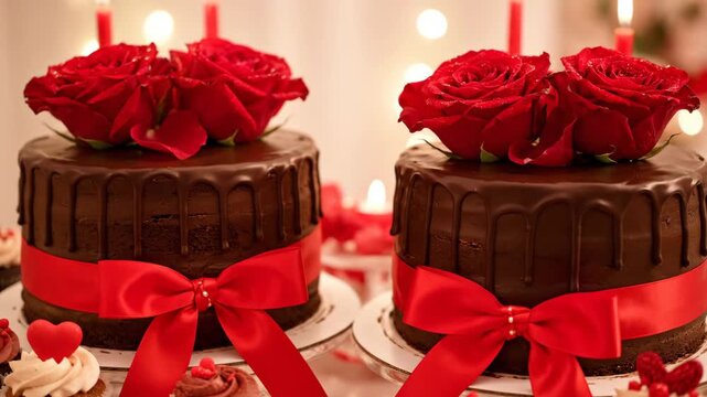 Beautiful chocolate cake with ganache drip icing topped with red roses. Festive dessert display for a romantic anniversary or birthday. Panoramic banner for a confectionery website