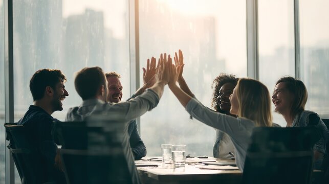 Team high five in bright office setting