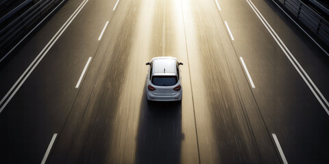 Aerial view of a white car driving on a highway with sunlight shining down on the road