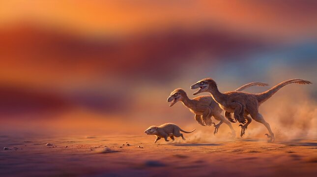 Feathered Velociraptors Chasing Small Mammal In Prehistoric Desert Sunset