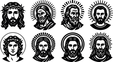 Tattoo flash woodcut style portraits of bearded haloed saint like faces in eight icon variations frontal and three quarter lighting