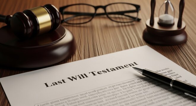 Last will testament document with legal and time elements on a wooden desk.