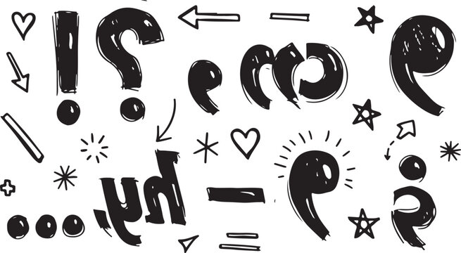 A stylized, bold black comma featuring a glossy texture with white reflective highlights, designed in a playful, hand-sketched doodle style on a white background.