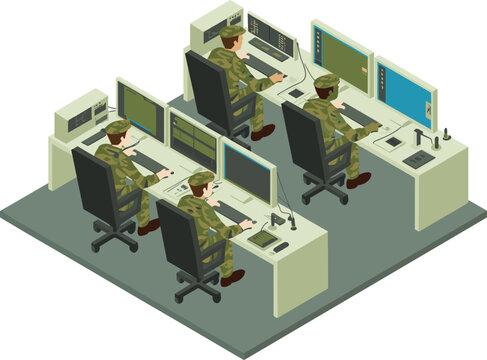 Isometric military control room illustration, soldiers operating computer monitoring systems in cybersecurity command center environment