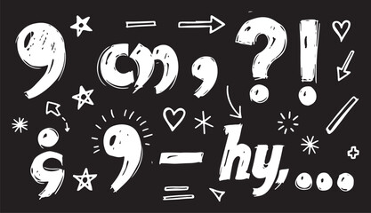 A comprehensive collection of hand-drawn punctuation marks, icons, and symbols rendered in a white chalk-on-blackboard style, featuring various hearts, arrows, and stars. © Mend