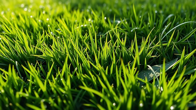 Lush green lawn with stolon network connecting grass clusters, morning dew. gardening catalogs, home-decor guides, designed for gardening and botanical catalogs, enhances decor appeal.