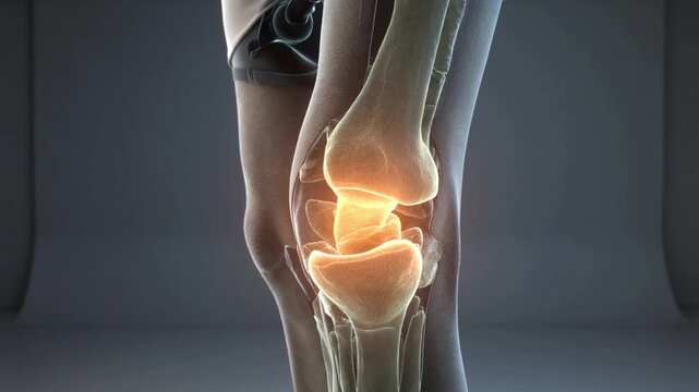 Detailed 3D medical visualization of human knee anatomy with highlighted joint, showcasing skeletal structure and injury