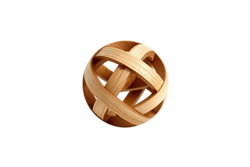 Wooden sphere creating a complex geometric pattern with interlocking bands, elegant sculptural design against transparent background